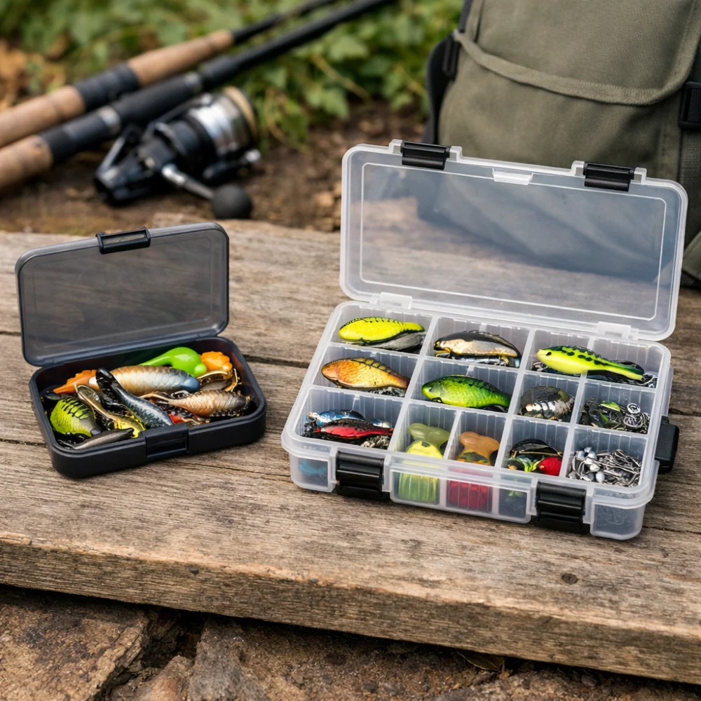 Two fishing lure boxes side by side showing different internal layouts.