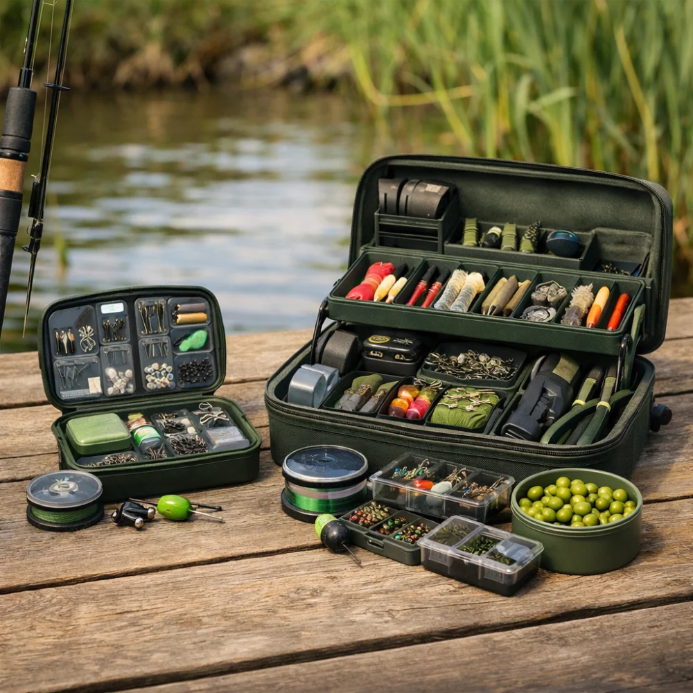 Two generic fishing tackle kits shown side by side for comparison.