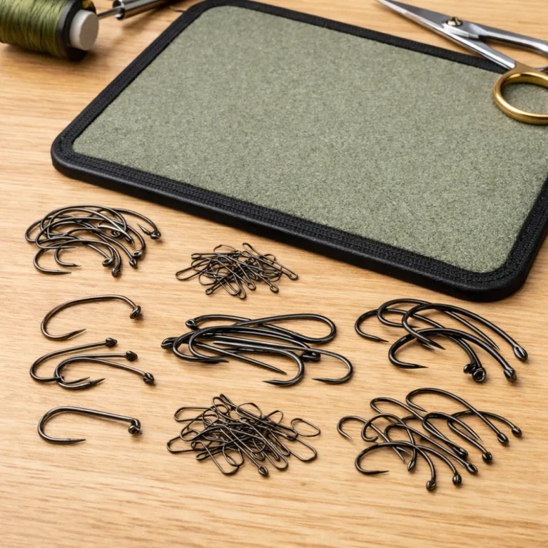 Assorted fly tying hooks arranged on a tying surface