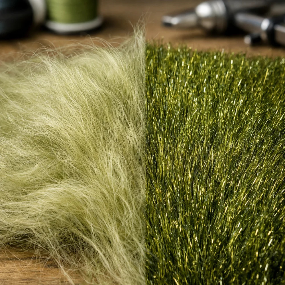 Close-up of contrasting fly tying material textures