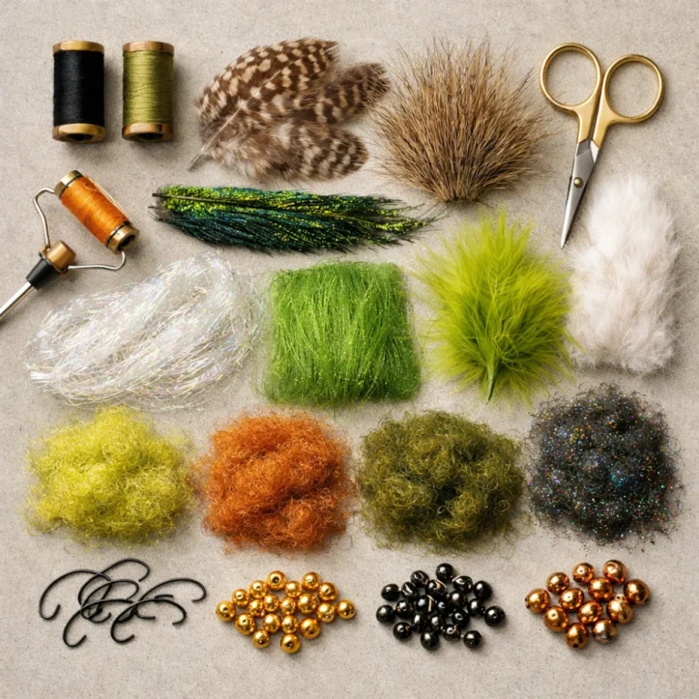 Assorted fly tying materials arranged on a neutral background