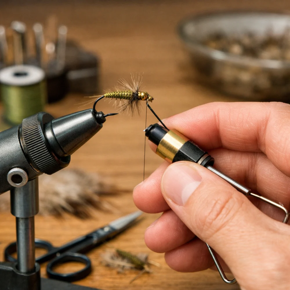 Close-up of a fly tying tool being used at a tying bench