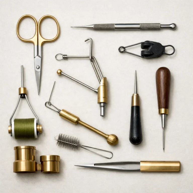 Assorted fly tying tools laid out neatly on a neutral background