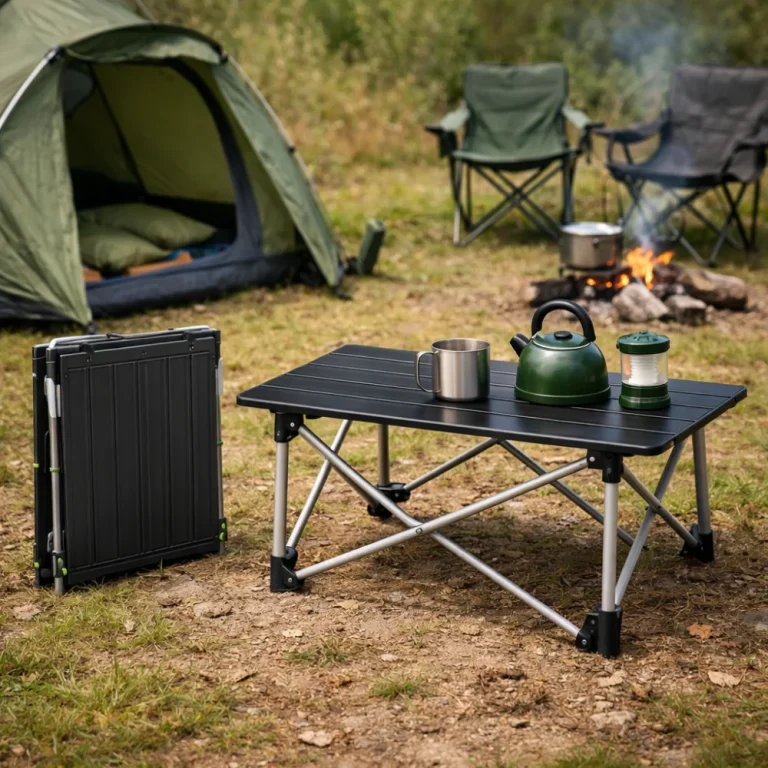 A folding camp table shown in a simple campsite setting