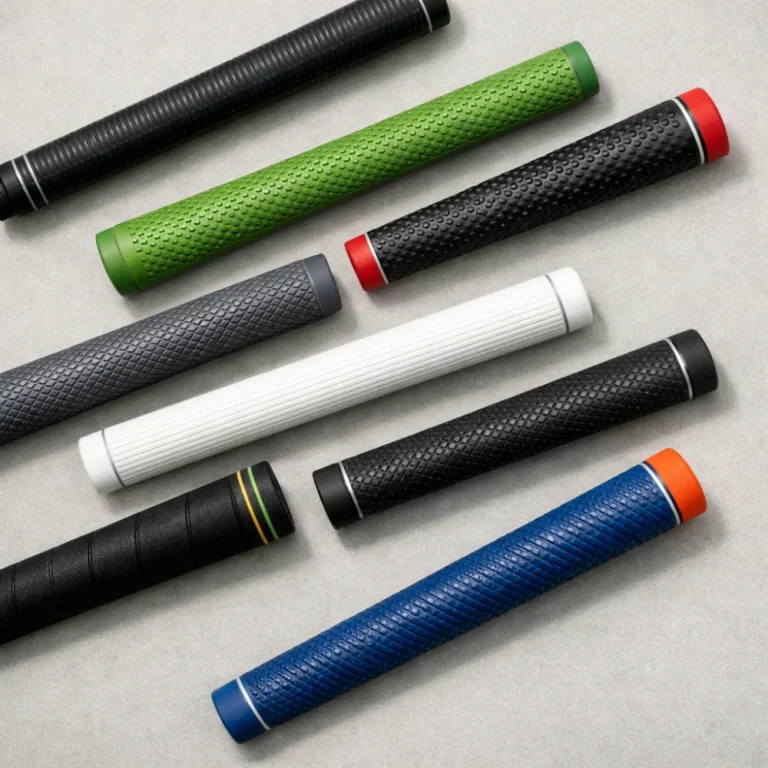 Several golf club grips arranged for comparison on a neutral background.