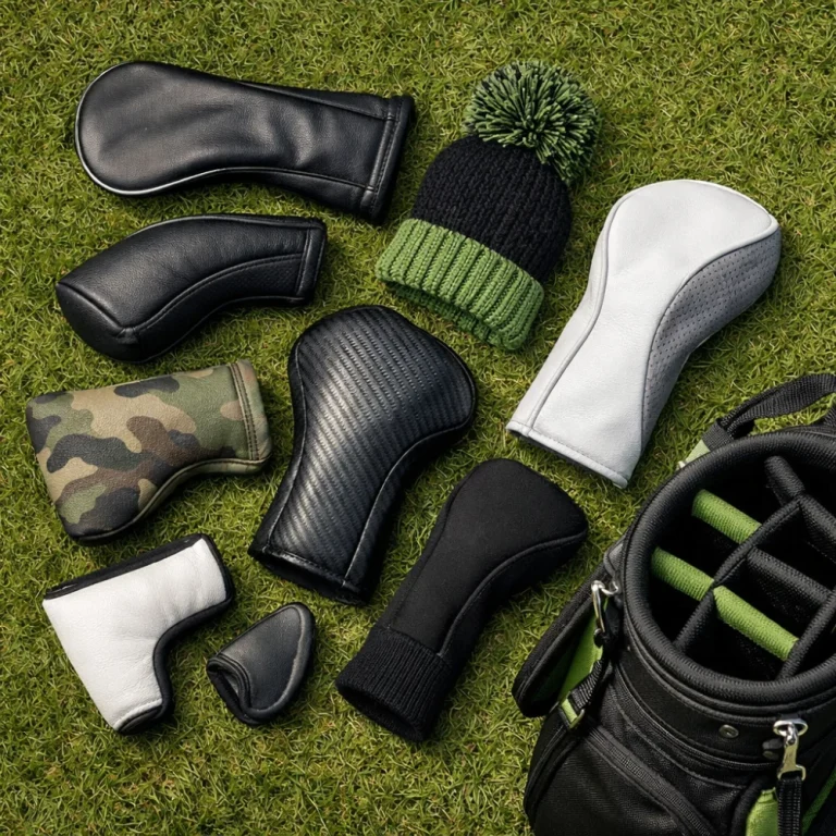 Assorted golf club headcovers arranged beside a golf bag on grass