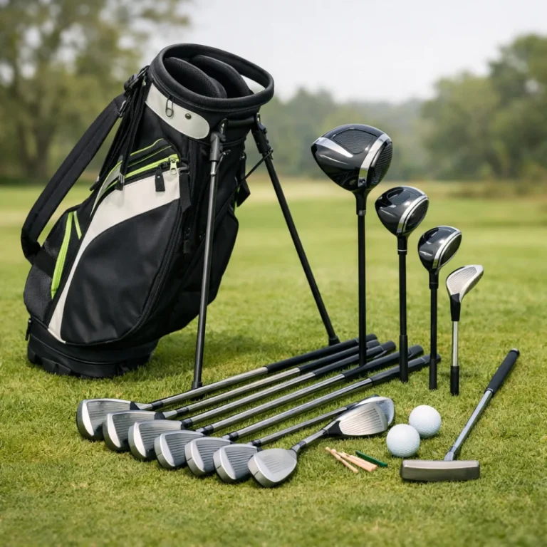 A generic golf club set beside a golf bag on a neutral background