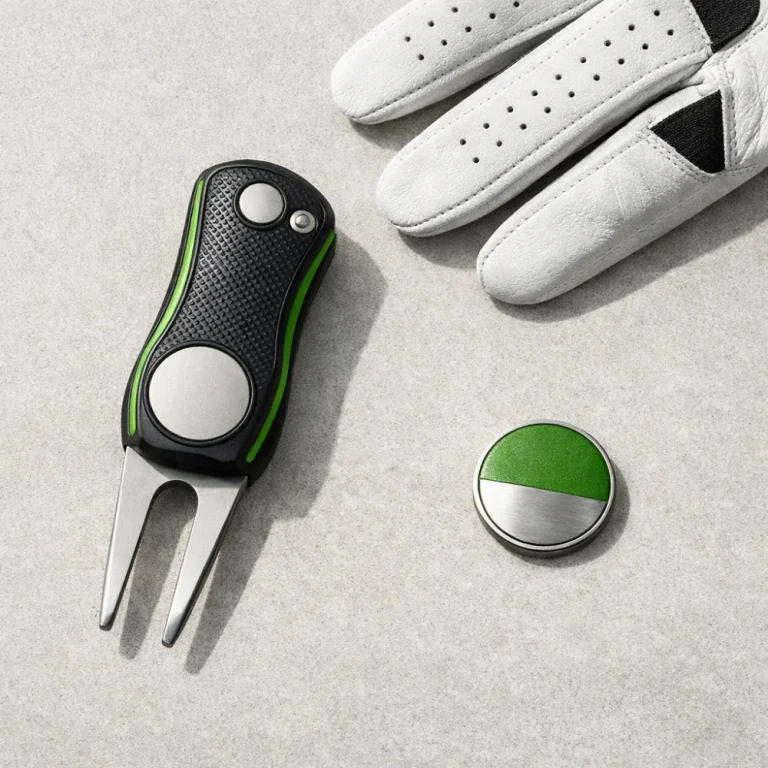 A golf divot tool laid out with a glove and ball marker on a neutral background.
