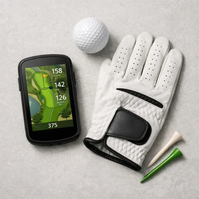 A generic golf GPS device beside a golf ball and glove on a neutral background.