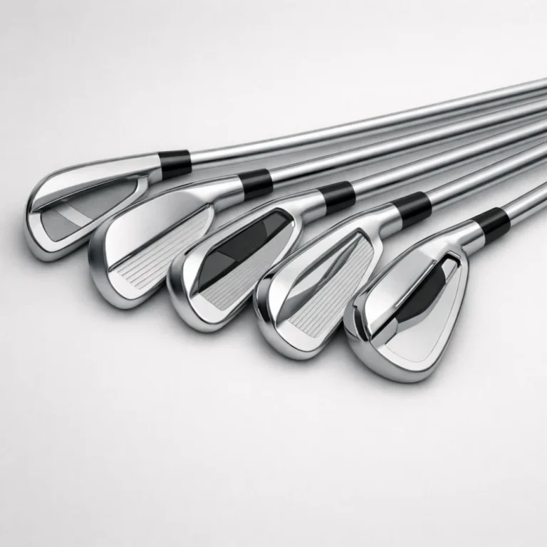 A selection of golf irons arranged on a neutral background