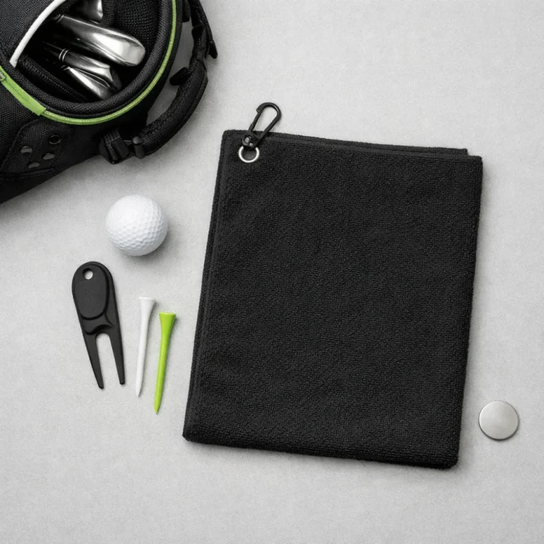 A plain golf towel arranged beside golf accessories on a neutral background.