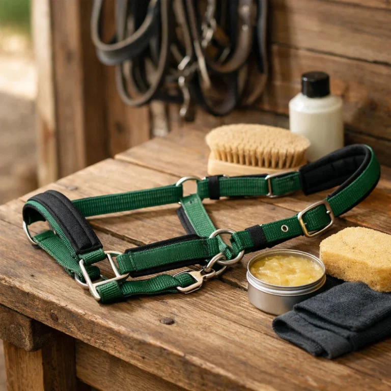 A horse halter arranged neatly on a stable bench