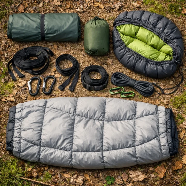 Camping hammock accessories arranged for comparison on a simple outdoor surface