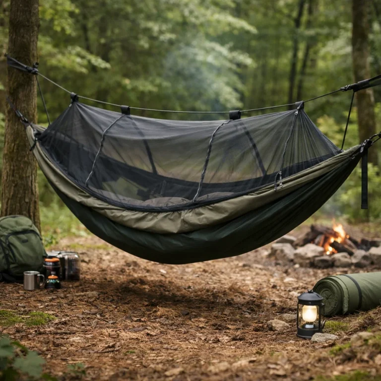 Camping hammock fitted with a bug net at an outdoor campsite.