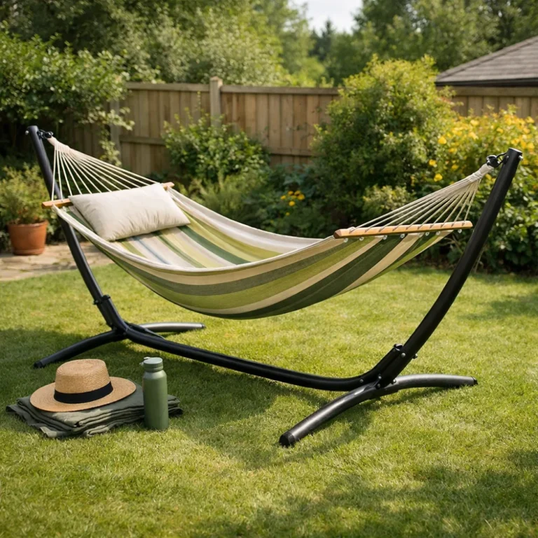 A hammock on a freestanding stand in a simple outdoor setting.