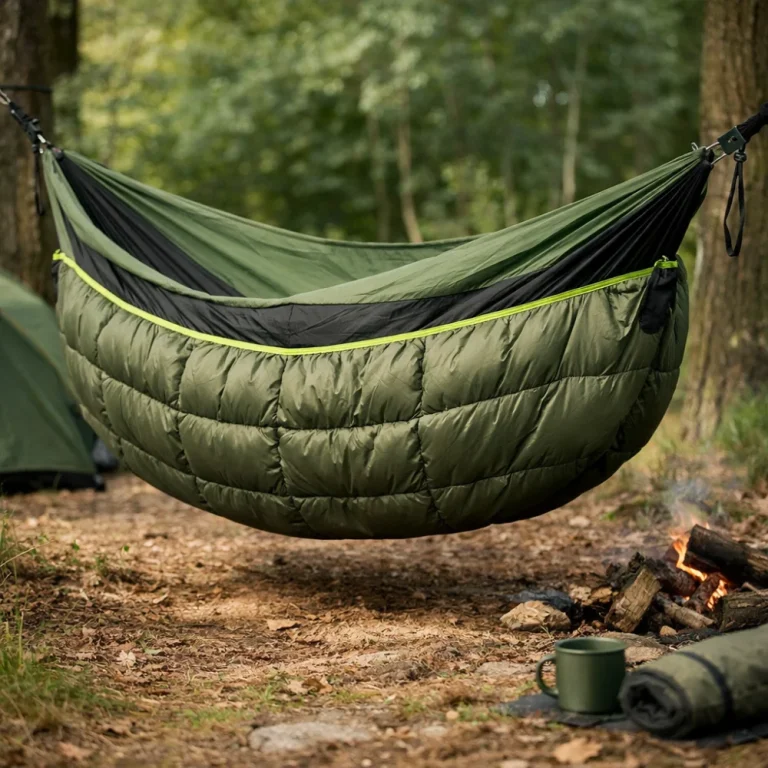 Hammock with an underquilt hanging underneath in a campsite setting