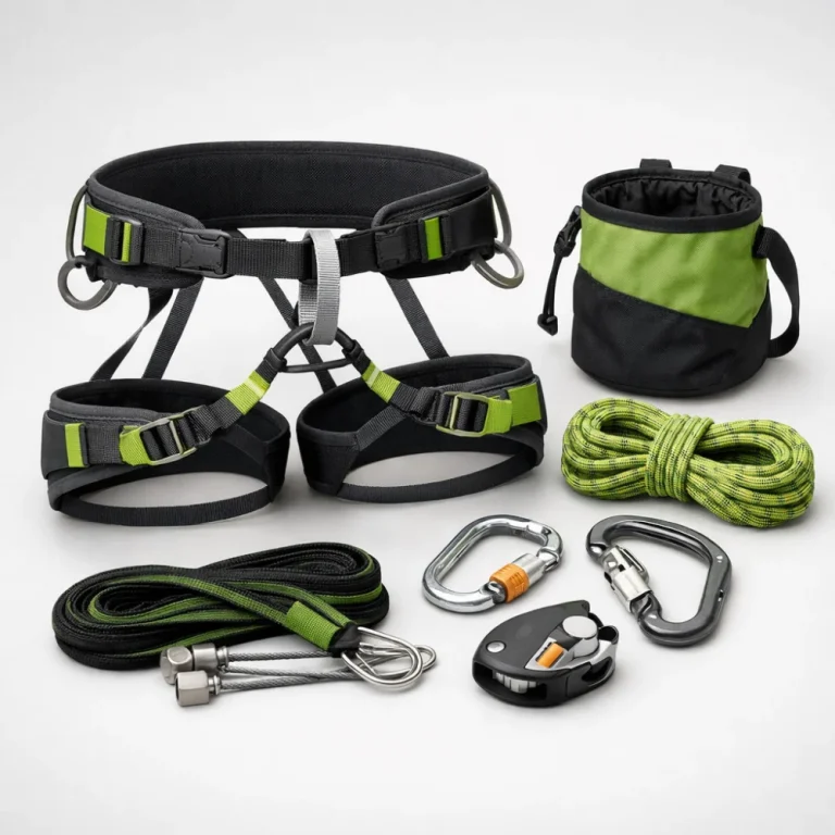 Climbing harness with generic accessories on a plain background