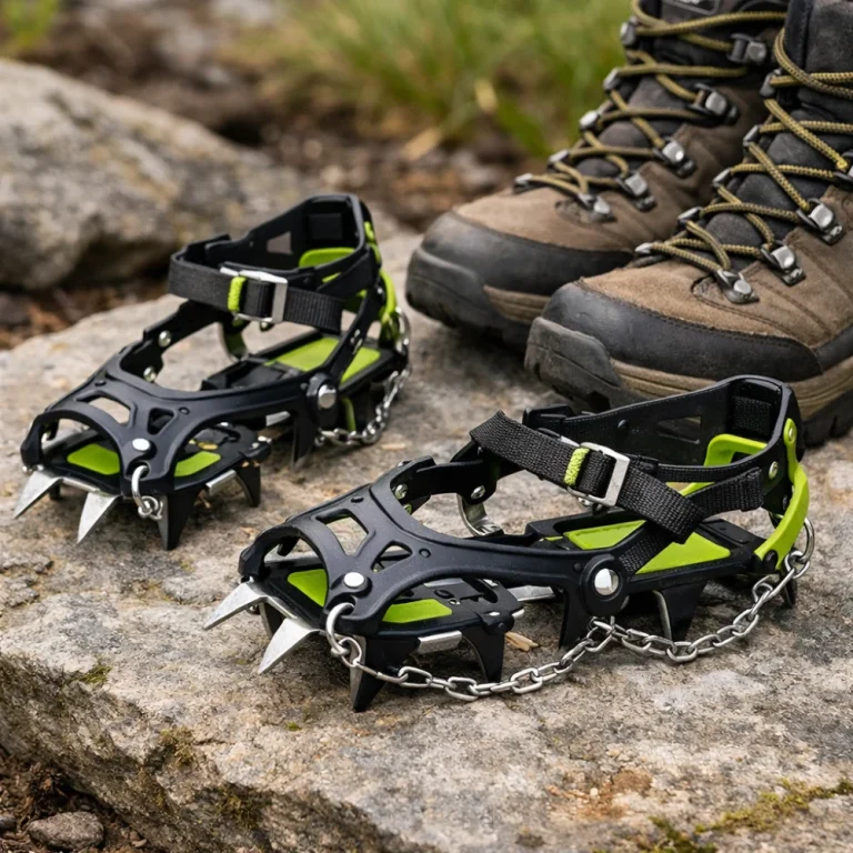 Generic hiking crampons beside hiking boots on a neutral surface.