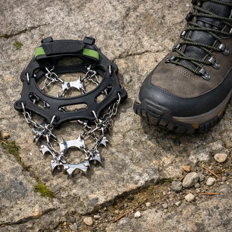 Hiking traction cleats laid out beside a walking boot