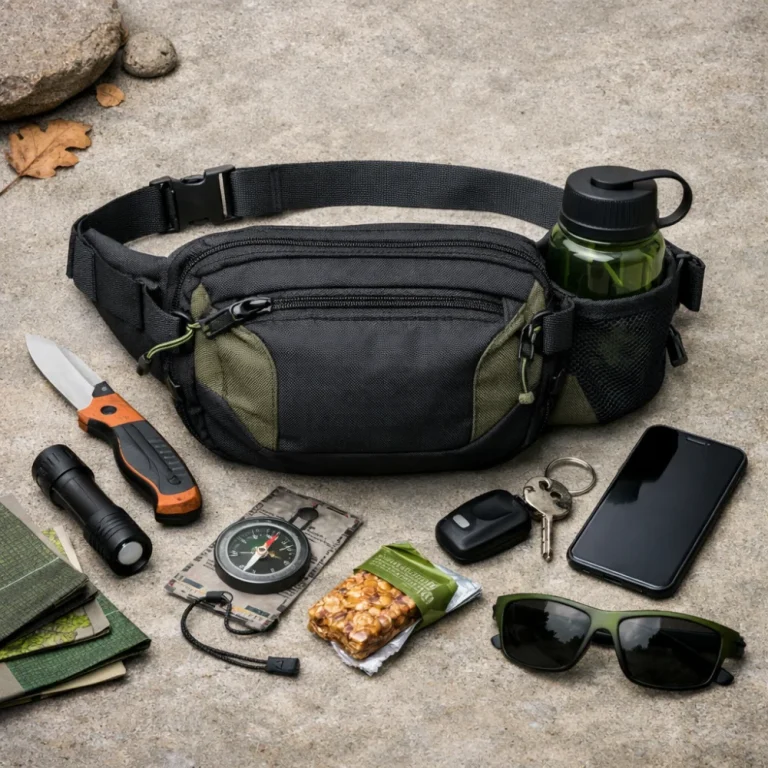 A hiking waist pack displayed with a few small trail essentials on a neutral background.
