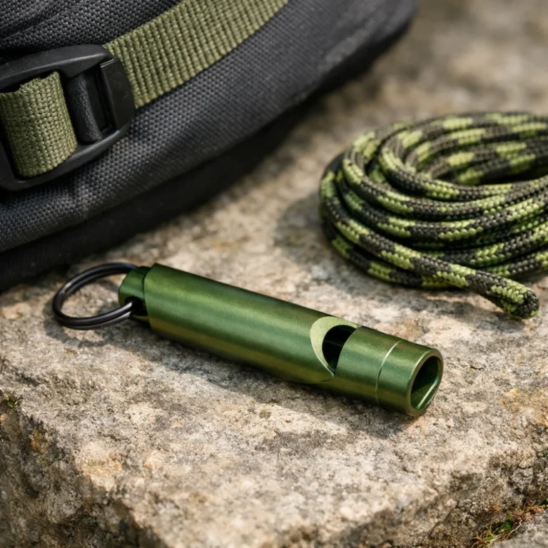 A hiking whistle beside a rucksack strap and cord