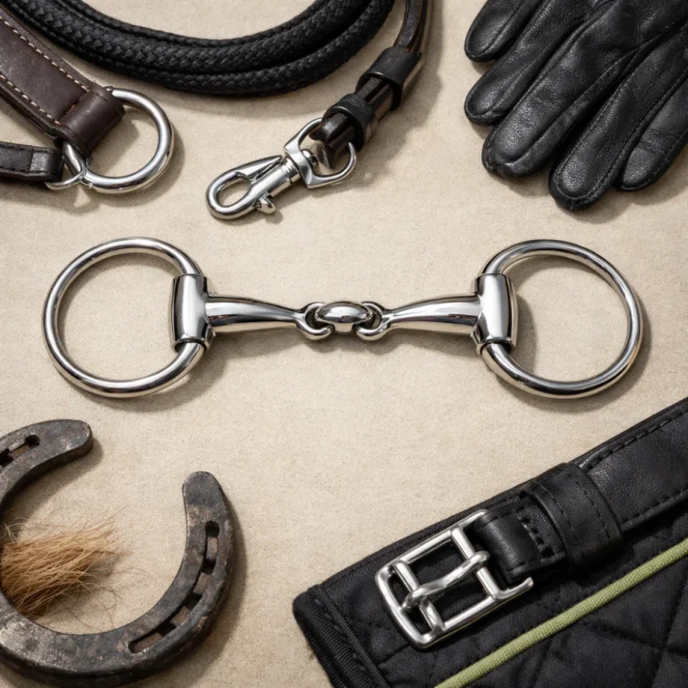 A horse bit displayed on a neutral background alongside simple tack items.