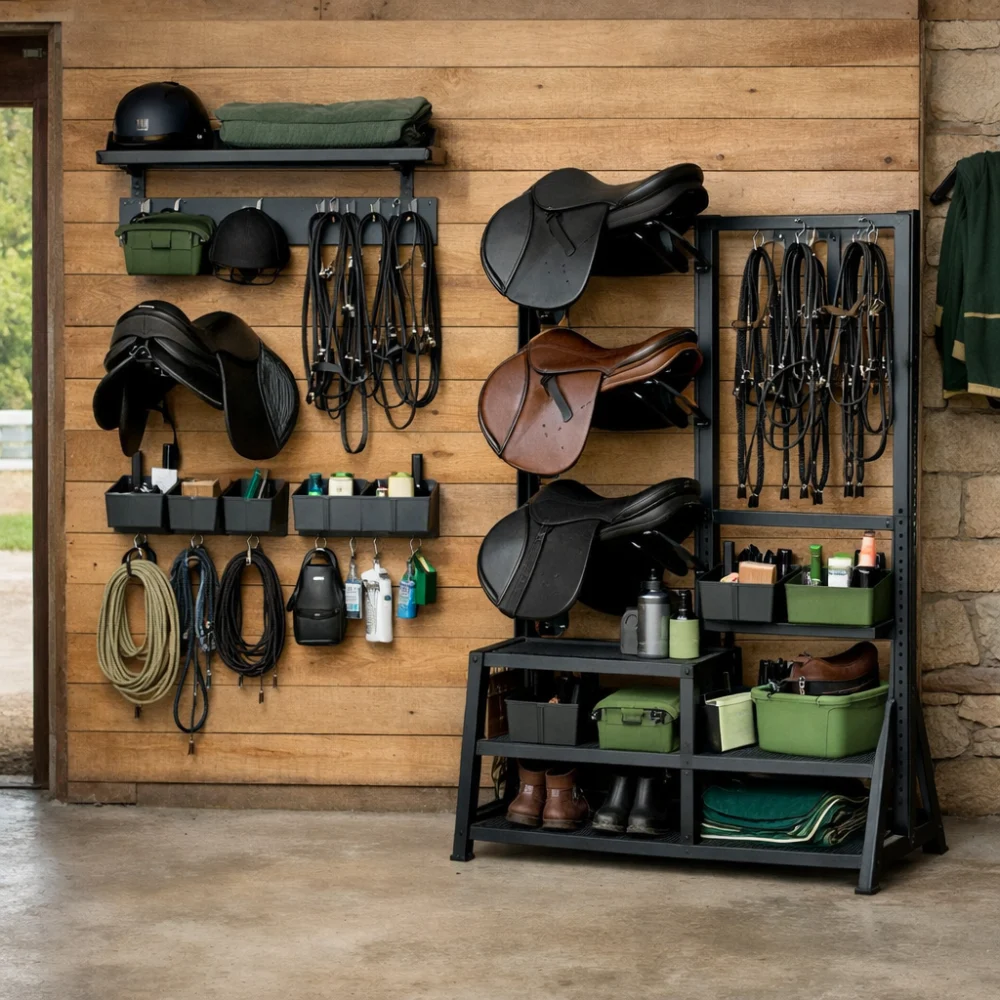 Different horse tack storage layouts for a stable or tack room