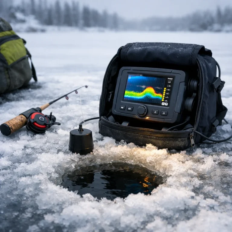 Ice fishing electronics setup on the ice beside a fishing hole