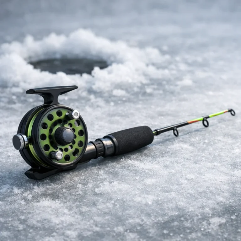 A generic ice fishing reel beside a short rod in a cold winter setting.