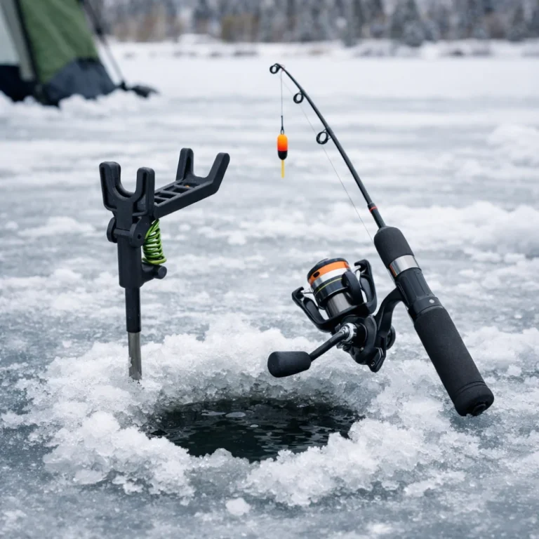 Ice fishing rod holder beside a rod on frozen ice
