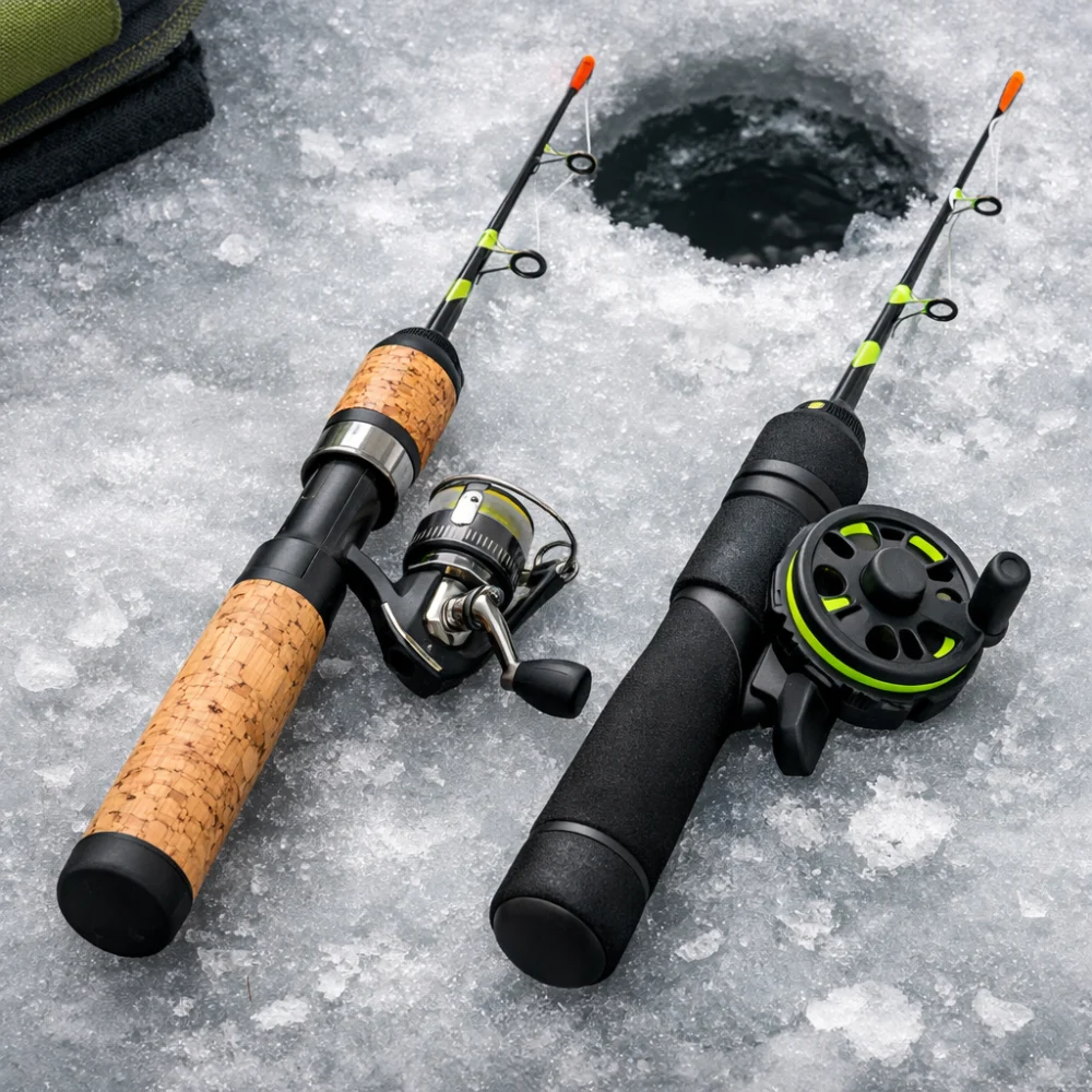 Two ice fishing rod sections shown side by side to compare handling and grip