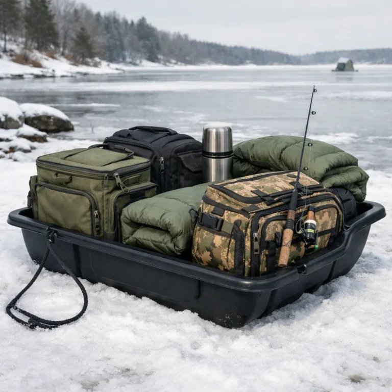 An ice fishing sled carrying generic gear on snow