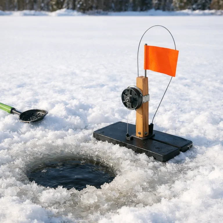 Generic ice fishing tip-up beside a hole in the ice on a snowy surface.