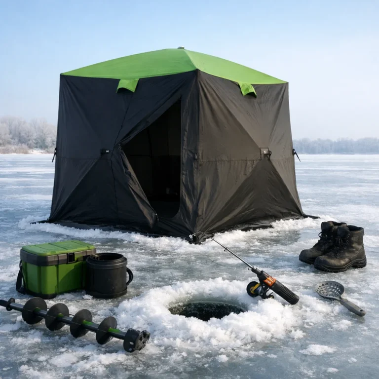 An ice fishing shelter on frozen ground beside fishing gear