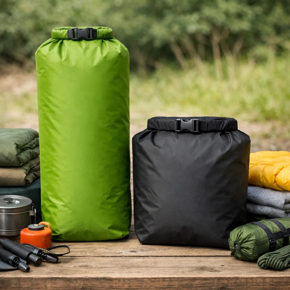 Two dry bags of different shapes and sizes beside folded outdoor kit.