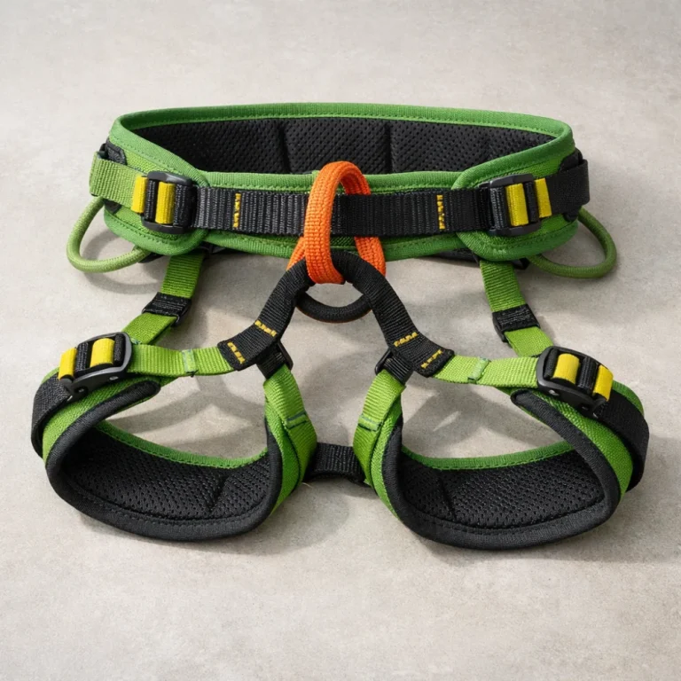 Child-sized climbing harness laid flat on a neutral background
