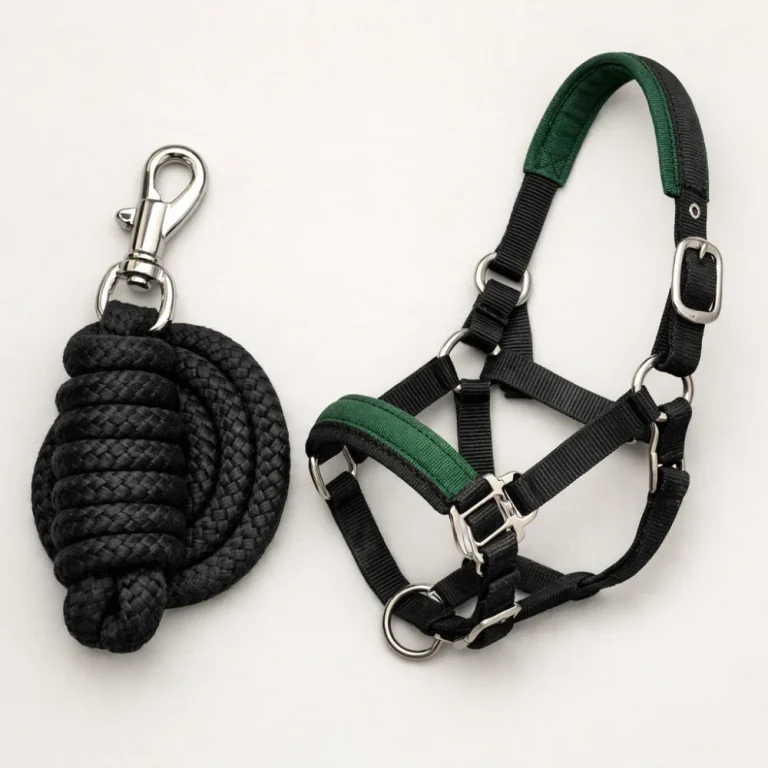 A lead rope and halter displayed on a neutral background.