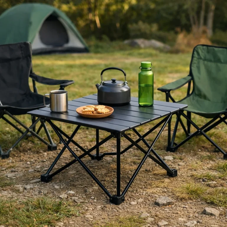 A lightweight camp table set up outdoors beside camping seating