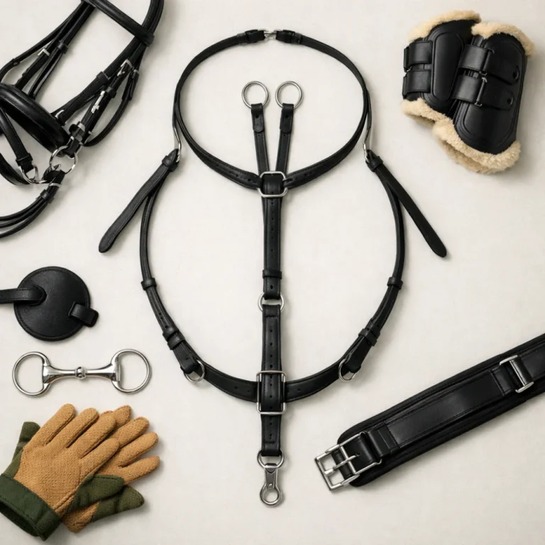 A martingale and simple horse tack arranged on a plain background.