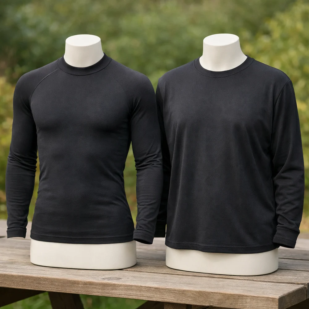 Side-by-side comparison of close-fitting and looser-fitting base layer top silhouettes
