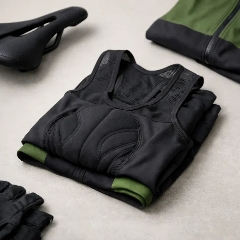 Men's cycling bib shorts folded on a neutral background