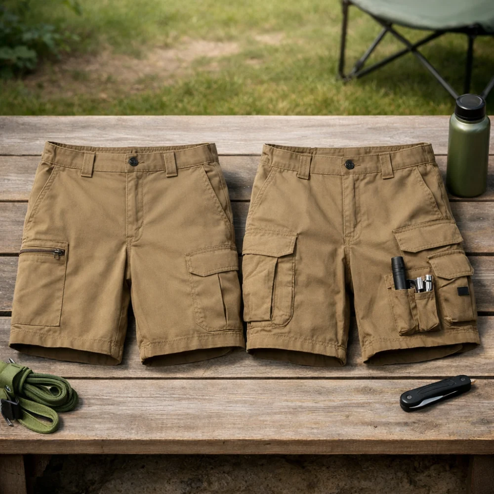 Two styles of men’s cargo shorts shown side by side for comparison.