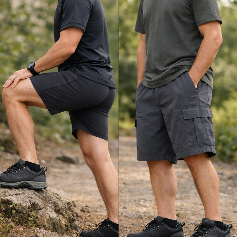 Two generic shorts silhouettes showing different fits for climbing comfort