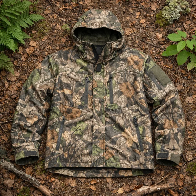 Men's ghillie suit laid on outdoor ground with natural foliage