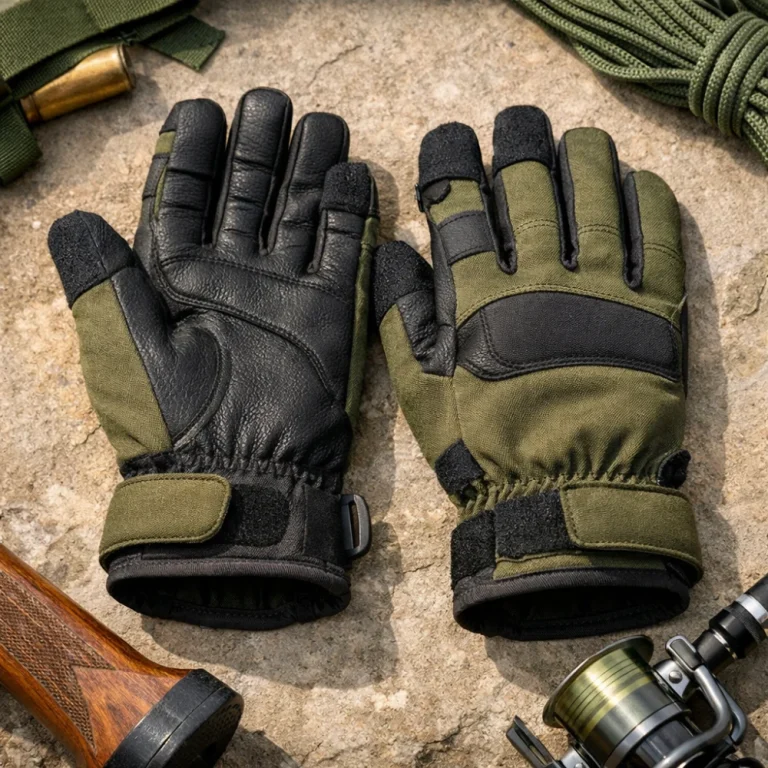 A pair of outdoor gloves shown flat on a neutral background