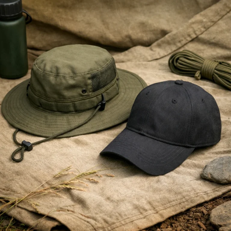 A practical outdoor hat and cap arranged on neutral fabric