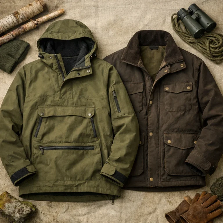 Men’s outdoor jacket and smock clothing laid out for comparison