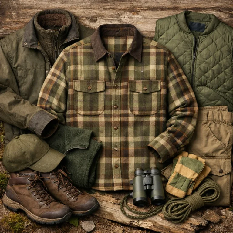 A men’s outdoor shirt styled with practical field clothing on a neutral background.