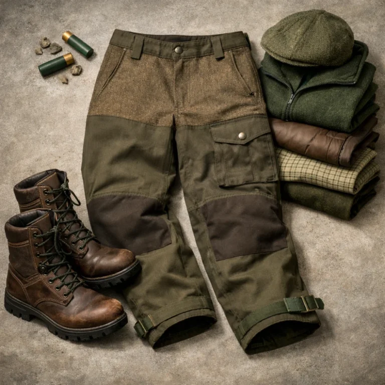 Generic men’s outdoor field trousers or breeks with boots and folded layers on a neutral background.
