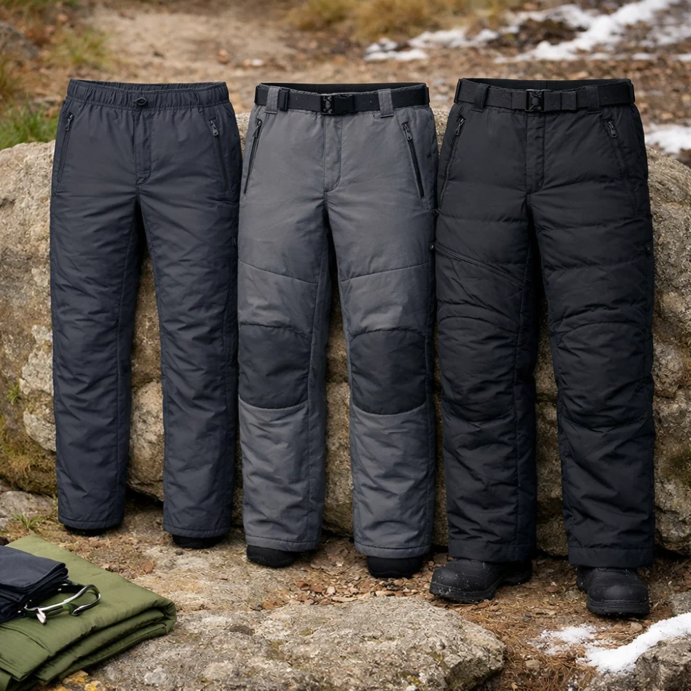 Three generic insulated trouser styles arranged to show different levels of warmth and bulk.